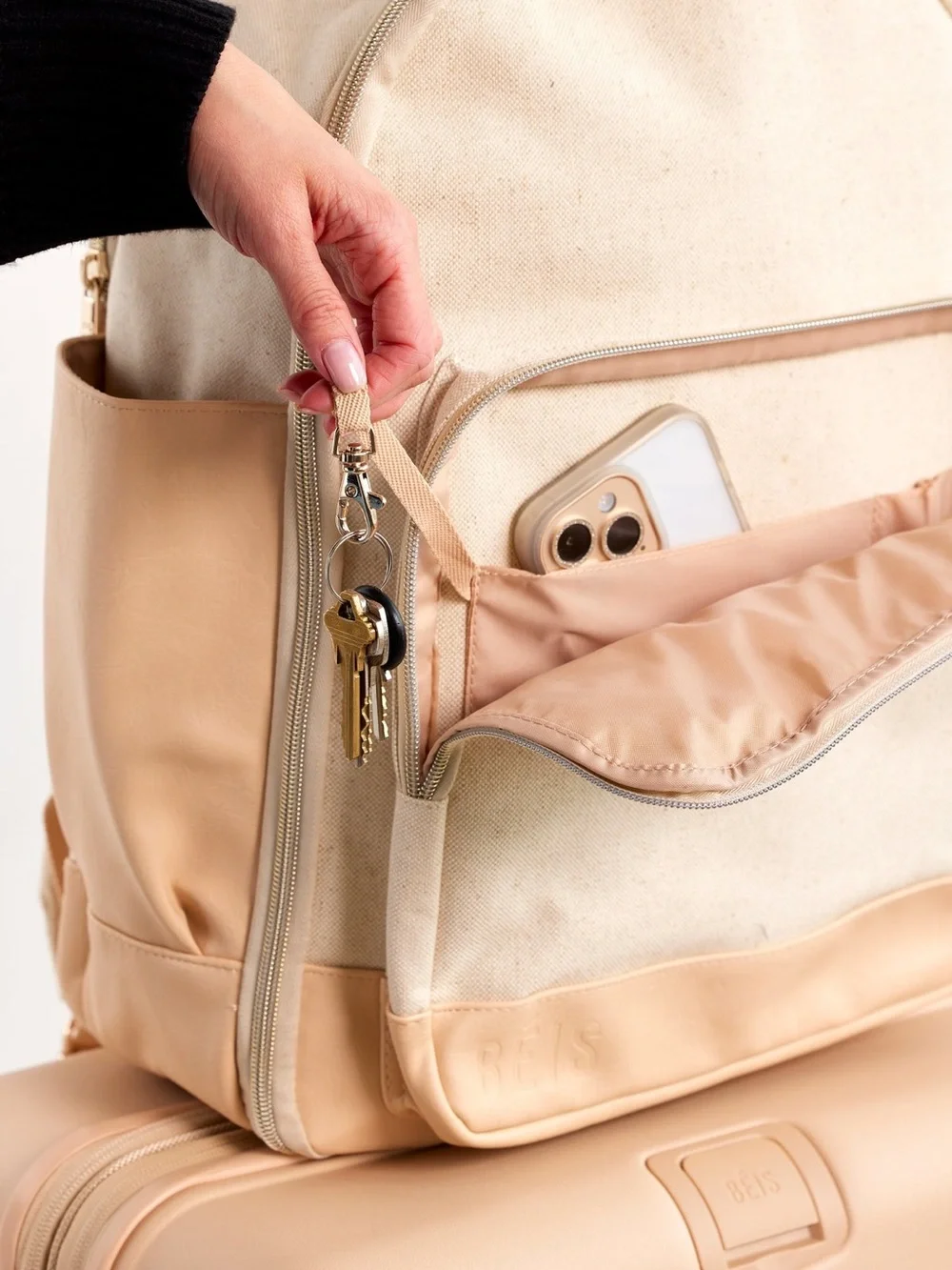 BEIS The Travel Canvas Backpack in Beige Everyday Diaper Mom Laptop Bag FLAWED